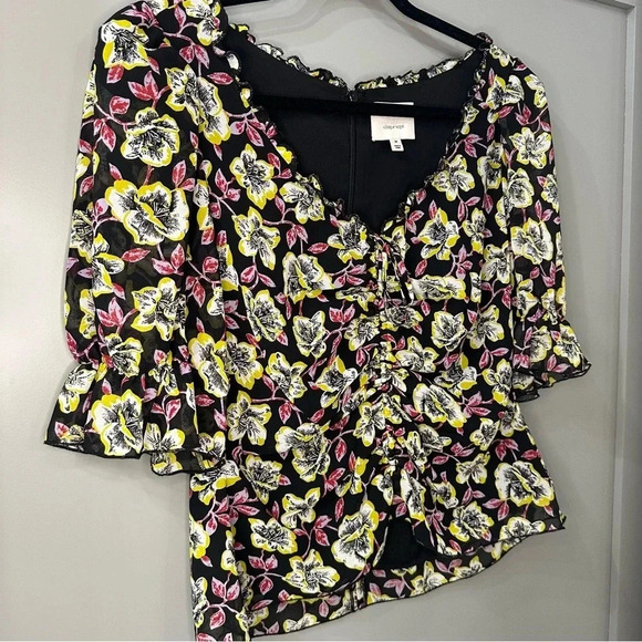 Cinq a Sept Kimberly Top Ruched Floral Print Top Black Multi Size M - Picture 5 of 8